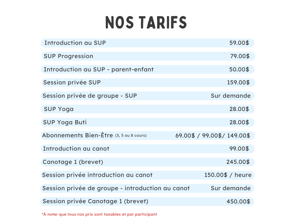Liste des prix par cours de l'École de pagaie Canots Légaré